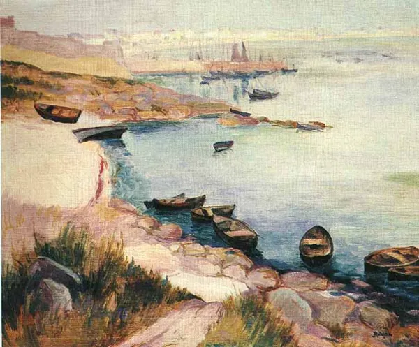 Jan Rubczak, W porcie - łodzie przy brzegu