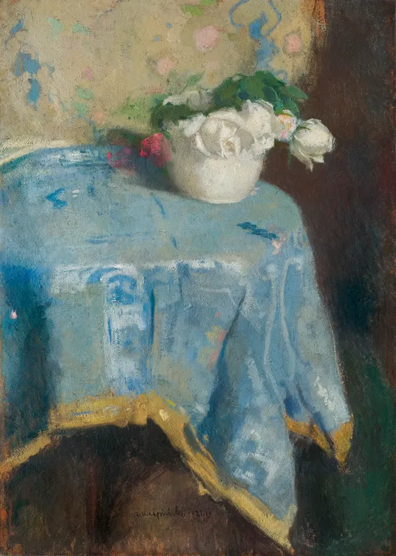 Alfons Karpiński, BIAŁE RÓŻE NA NIEBIESKIEJ DRAPERII, lipiec 1921