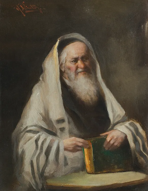 Nierozpoznany malarz polski, ŻYD W TAŁESIE, Z KSIĘGĄ W DŁONIACH, ok. 1900