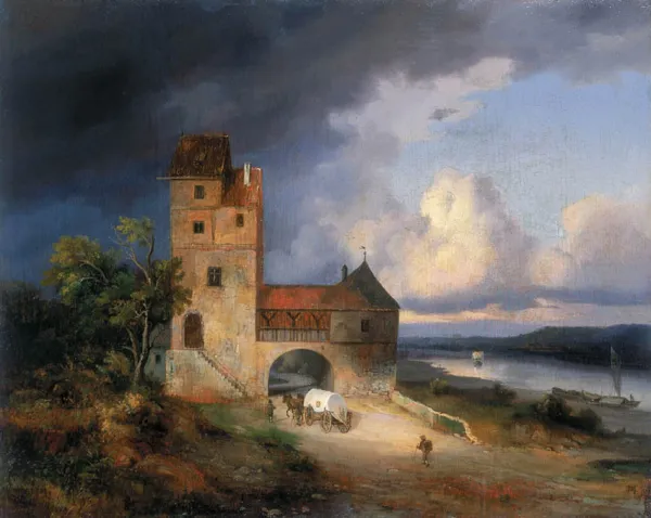 Mal. niemiecki lub austriacki, 48. Pejzaż nadrzeczny z wieżą i bramą, 1844