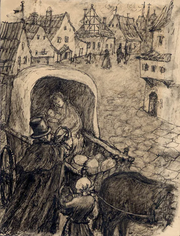 Regina Tarkowska, Scena w miasteczku (ilustracja), 1952