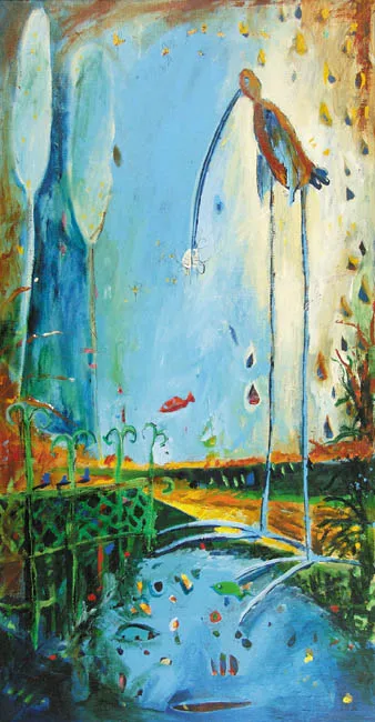 Agnieszka Opala, KOMPOZYCJA Z RYBKAMI I  PTAKIEM, ok. 2004