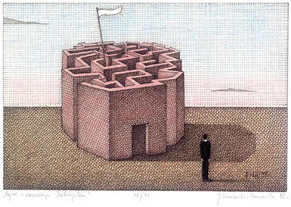 Joanna Wiszniewska-Domańska, Pejzaż z czerwonym labiryntem, 1998