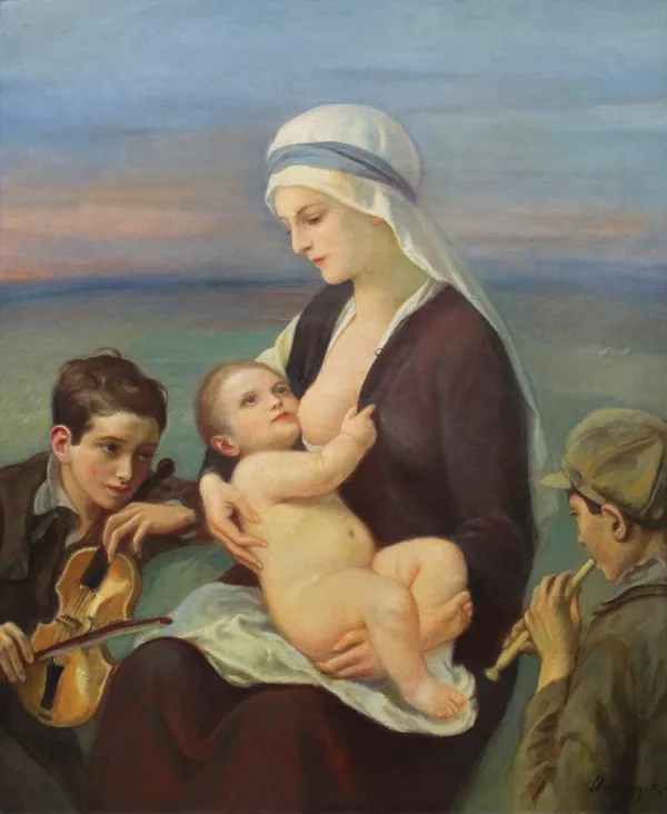 JÓZEF  UNIERZYSKI, MALI GRAJKOWIE PRZED MADONNĄ Z DZIECIĄTKIEM