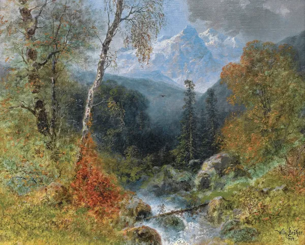 Ernst Bröcker, PEJZAŻ GÓRSKI Z WODOSPADEM, 1904