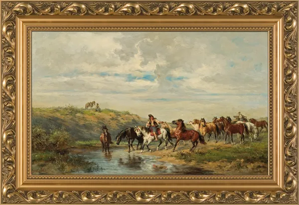 Ludwik Gędłek, KOZACY PĘDZĄCY KONIE , 1880