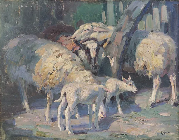 Josef Woldemar Keller, W ZAGRODZIE - OWCE I JAGNIĘTA, ok. 1930