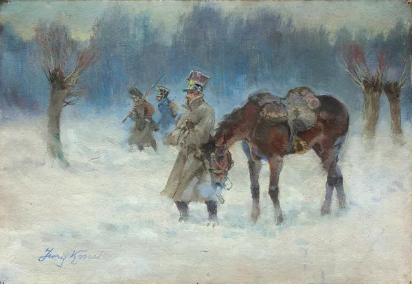 Jerzy Kossak, ŻOŁNIERZE NAPOLEOŃSCY W ZIMOWEJ WĘDRÓWCE 