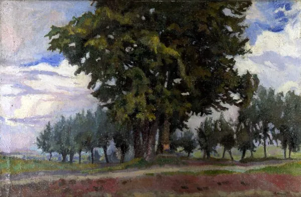 Stanisław Kamocki, Pejzaż z kapliczką wśród drzew, ok. 1920