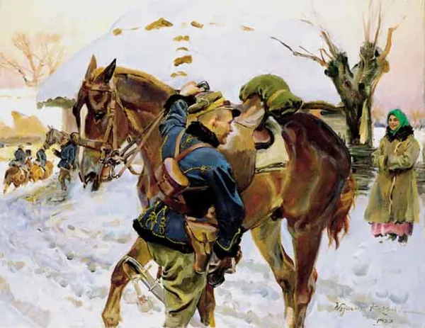 Wojciech Kossak, Wsiadanie - Odjazd ułanów z wioski