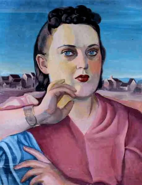 Henryk Stażewski, Portret kobiety na tle miasteczka, 1941