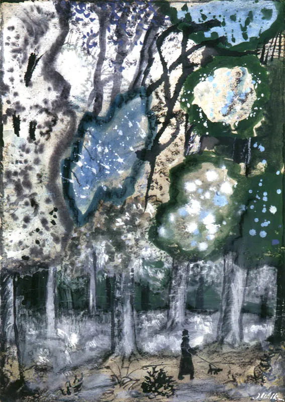 Józef Wilkoń, Spacer z psem w lesie, lata 70.