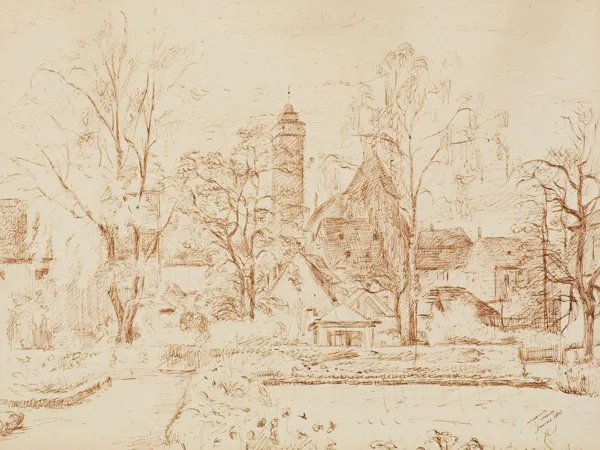 Marian Jaeschke, Widok Bambergu z wieżą kościoła farnego, 1945