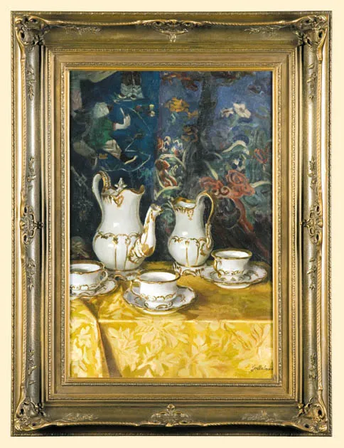 Endre Galla, Martwa natura. Porcelana na tle wzorzystej makaty