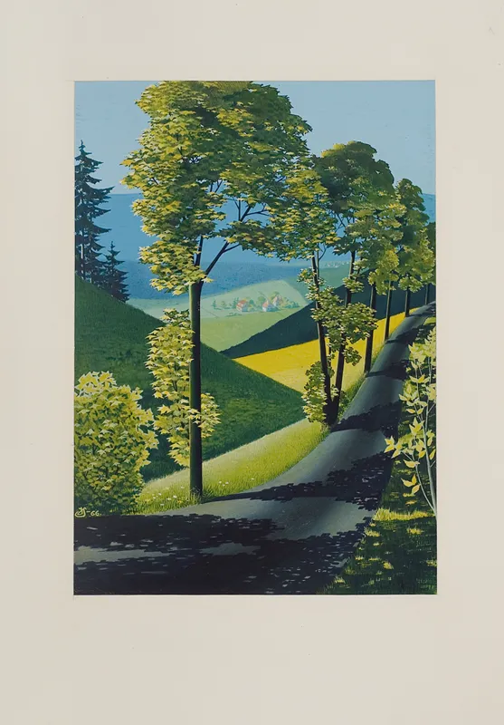 Jerzy Szelągowski, Pejzaż górski z aleją drzew, 1966