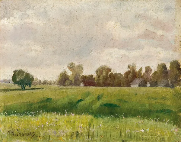 Władysław Aleksander Malecki, PEJZAŻ Z WIOSKĄ W ODDALI, 1897