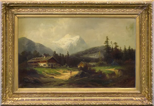 Julius Schönrock, PEJZAŻ ALPEJSKI Z WĘDROWCEM