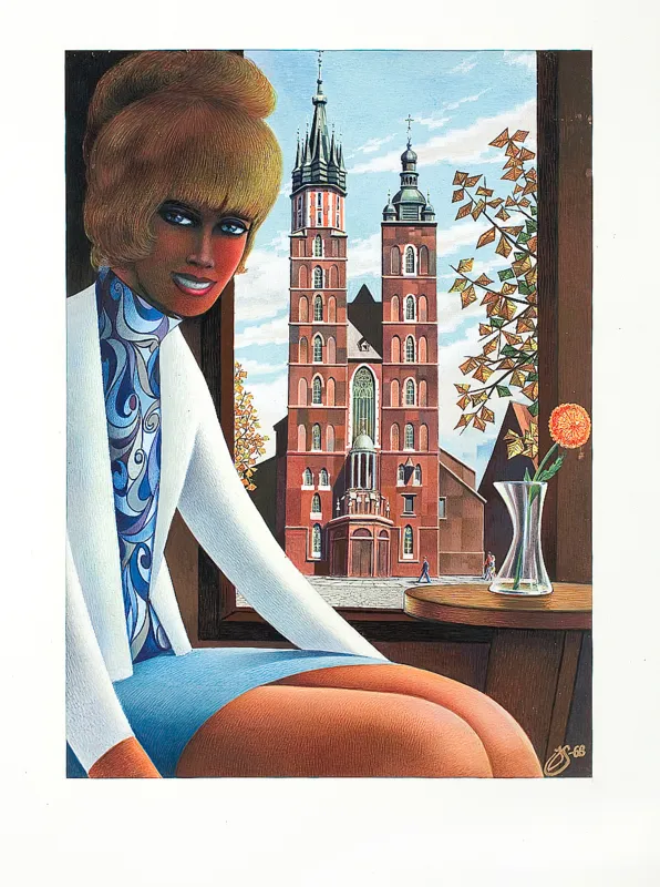 Jerzy Szelągowski, PORTRET KOBIETY NA TLE KOŚCIOŁA MARIACKIEGO, 1968