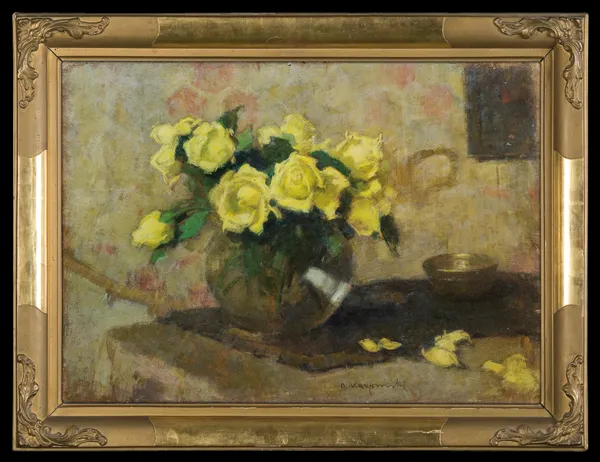 Alfons Karpiński, ŻÓŁTE RÓŻE W SZKLANYM, KULISTYM WAZONIE 