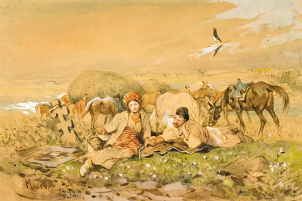 Juliusz Kossak, Kozak i dziewczyna przy stadninie, 1892