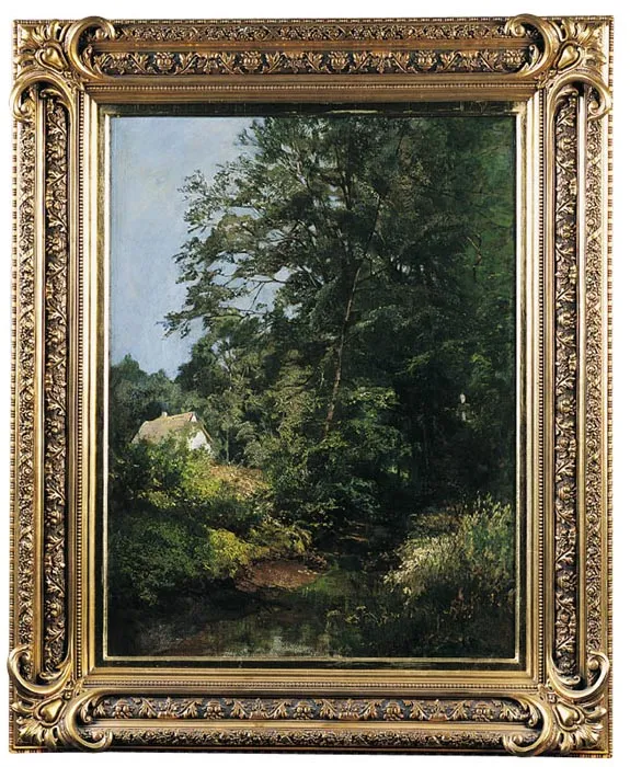 Gertrud Staats, Pejzaż leśny ze strumieniem i chatą, ok. 1900