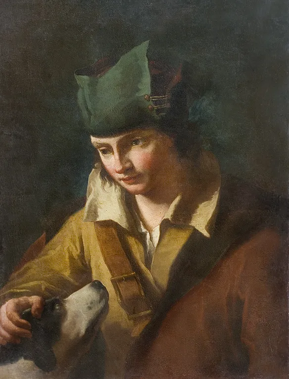 zachodnioeuropejski XVIII/XIX N.N. malarz, CHŁOPIEC Z PSEM MYŚLIWSKIM