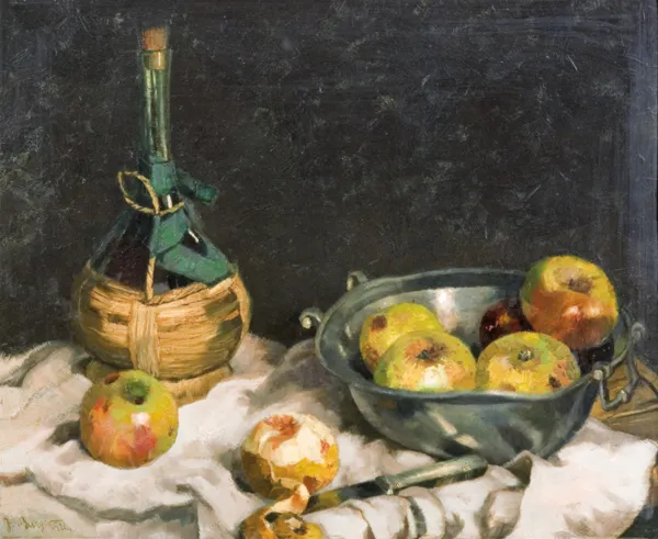 Josef Burger, MARTWA NATURA Z JABŁKAMI I BUTELKĄ WINA,1922