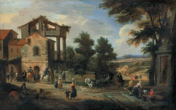 Północny malarz italianista, Pejzaż z gospodą wśród ruin i drzew, 1685