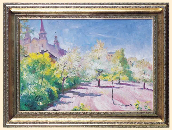 Wojciech Weiss, WIOSENNY SAD Z SYLWETĄ KOŚCIOŁA, ok. 1920