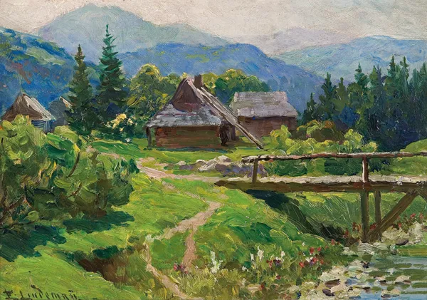 Emil Lindeman, PEJZAŻ GÓRSKI Z CHATAMI I MOSTKIEM 