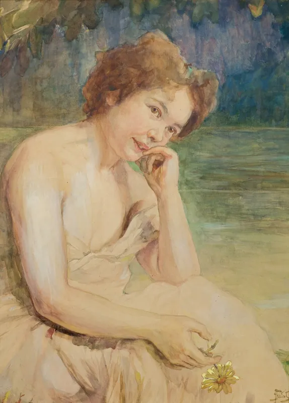 Julian Fałat, RUDOWŁOSA PORTRET KOBIETY NA TLE PEJZAŻU,ok 1900