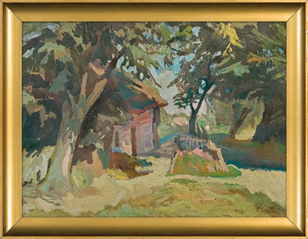 Stanisław Kamocki, ZAKĄTEK WIEJSKI. CHATA WŚRÓD DRZEW, ok. 1930