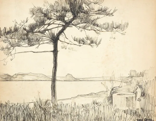 Tadeusz Styka, Pejzaż z dziewczyną przy studni, szkic