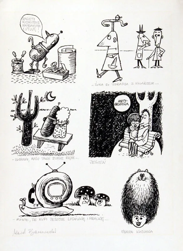 Karol Baraniecki, Sześć rysunków satyrycznych, ok.. 1961