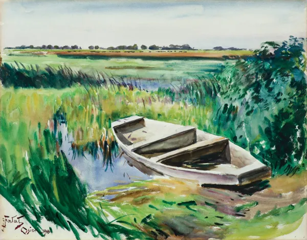 Julian Fałat, ŁÓDŹ NA BRZEGU STAWU, 1919