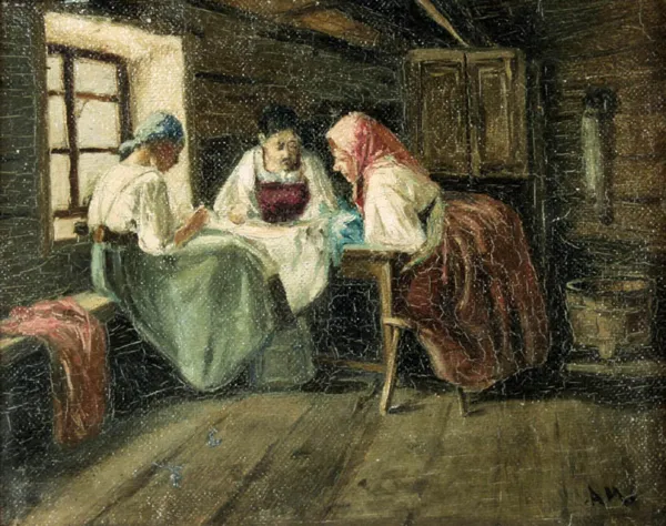 Nieokr. mal. o monogram A.M., KOBIETY PRZY SZYCIU