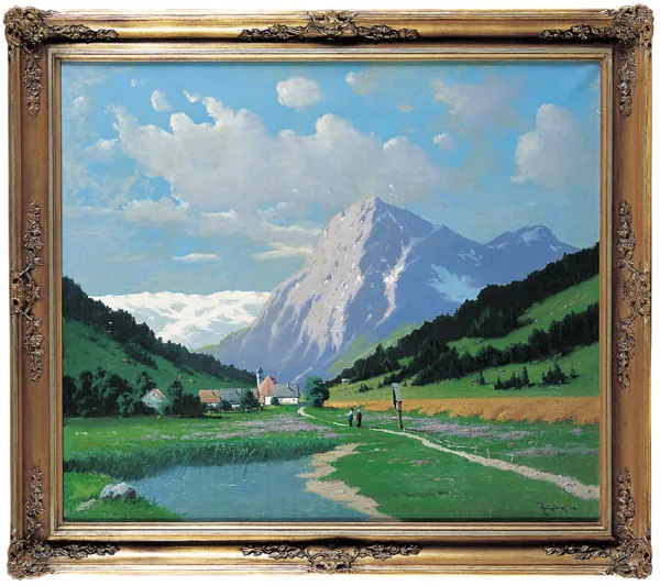 Josef Muhbeck, Krajobraz Alpejski z Wioską w Dolinie, 1940