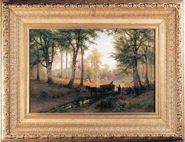 Gustav Meissner, W lesie przy zwózce drzewa, przed 1893