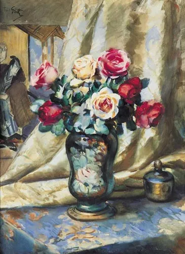 Teodor Grott, Róże i japońska figurka, ok. 1930