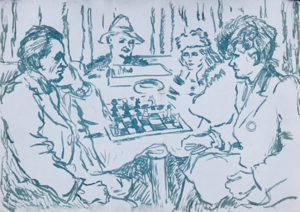 Erna Rosenstein, Grupa artystów przy szachach, ok. 1945-46