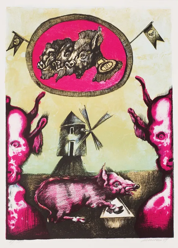 Jan Lebenstein, Ilustracja do Folwarku zwierzęcego Orwella, 1974