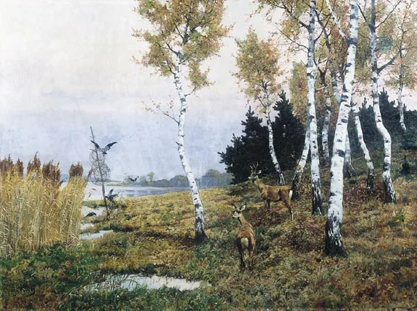 Georg Koch, Sarny w brzezinie na brzegu jeziora, 1893 