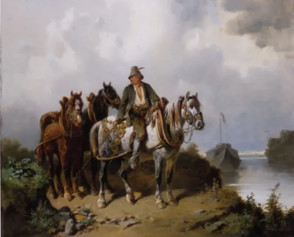 Adolf van der Venne, JEŹDZIEC I KONIE NA BRZEGU RZEKI, 1877