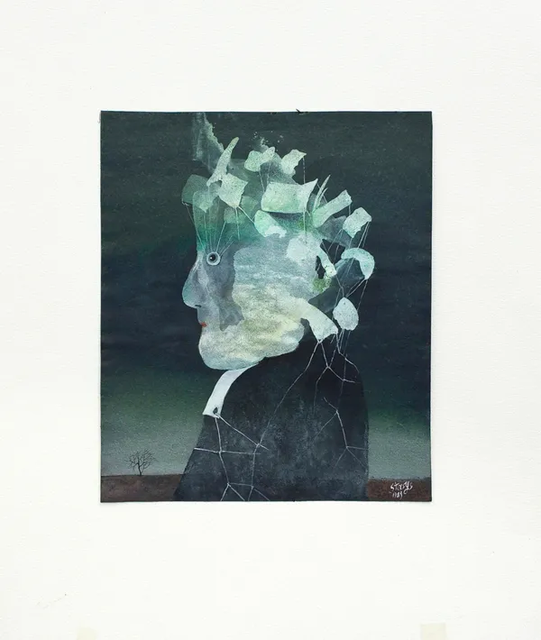 Stasys Eidrigevičius, Popiersie profilem na tle pejzażu, 1983