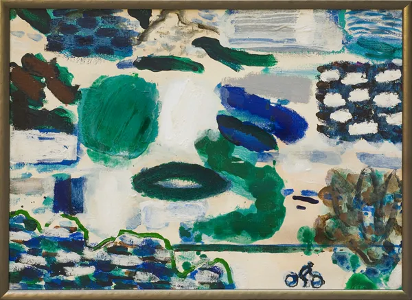 Mariusz Woszczyński, Krajobraz błękitny z rowerzystą, 1999