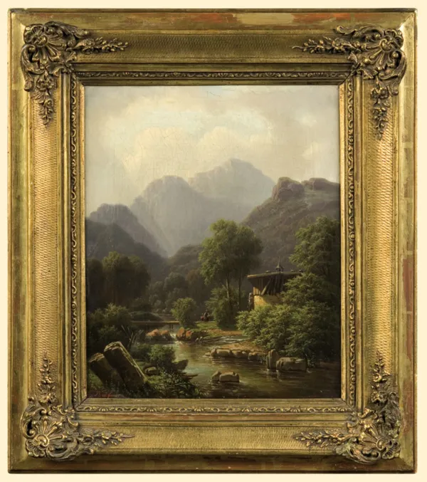 Carl  Haefner, PEJZAŻ GÓRSKI Z KŁADKĄ NAD STRUMIENIEM