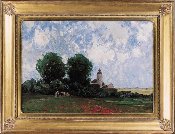 Otto  Gampert, Krajobraz z kościołem wśród drzew, ok. 1900