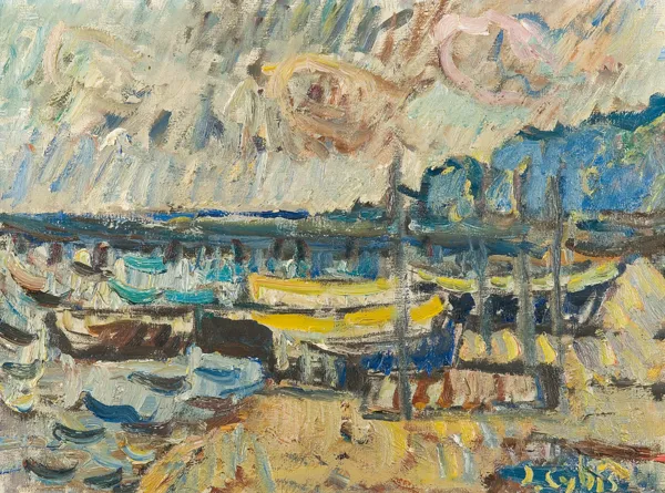 Jan Cybis,  ŁODZIE RYBACKIE NA PLAŻY, 1972