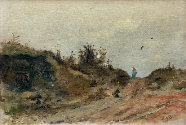 Józef Brandt, PEJZAŻ Z WĘDRUJĄCĄ KOBIETĄ, ok. 1870