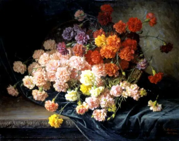 Hans Buchner, Kosz różnobarwnych goździków, ok. 1890